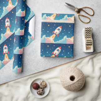 Cute space rocket blasting off wrapping paper