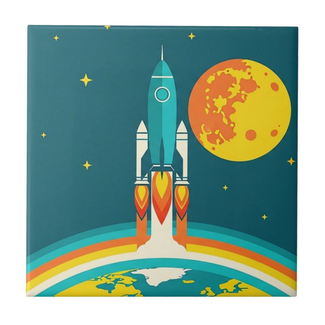 Cute Space Rocket Cartoon Ceramic Tile (Front)