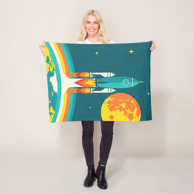 Cute Space Rocket Cartoon Fleece Blanket (In Situ)