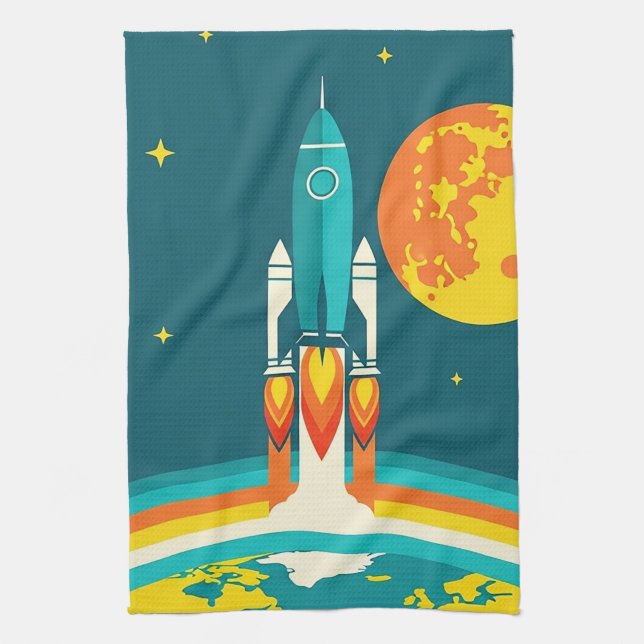 Cute Space Rocket Cartoon Kitchen Towel (Vertical)