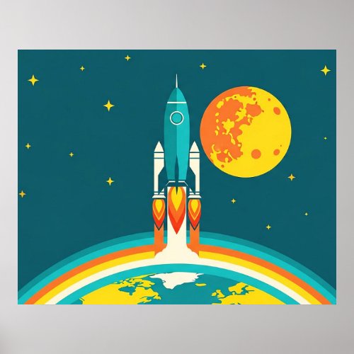 Cute Space Rocket Cartoon Poster
