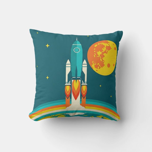 Cute Space Rocket Cartoon Throw Pillow (Front)