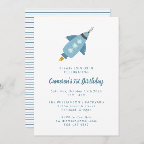Cute Space Rocket Ship Blue 1st Birthday Party Invitation