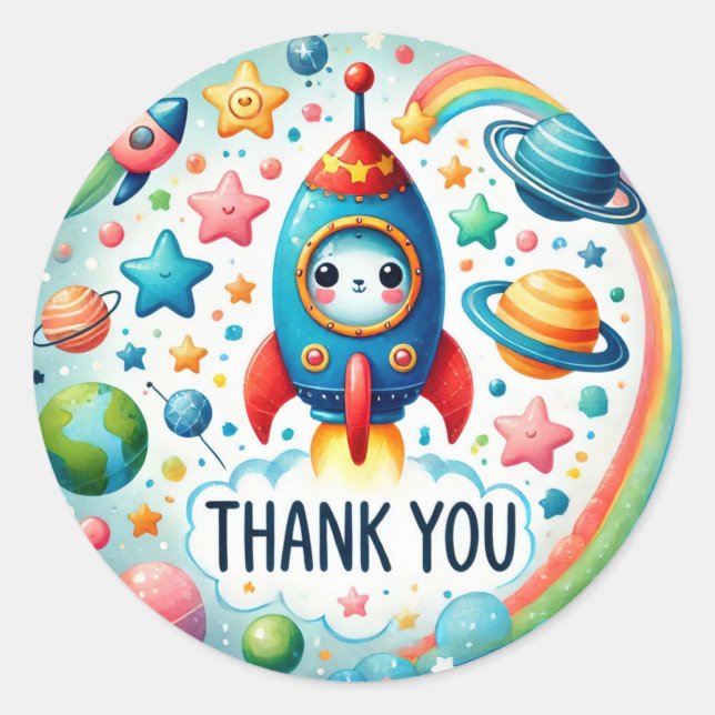Cute Space Rocket Thank You  Classic Round Sticker (Front)