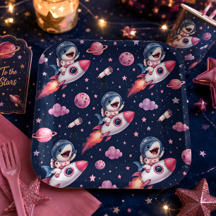 Cute Space Shark Rocket Paper Plates