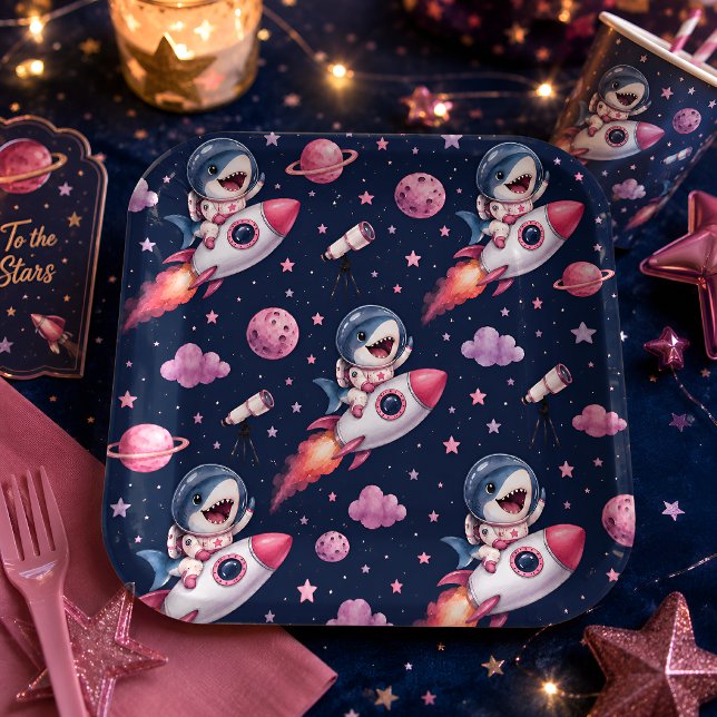 Cute Space Shark Rocket Paper Plates (Creator Uploaded)