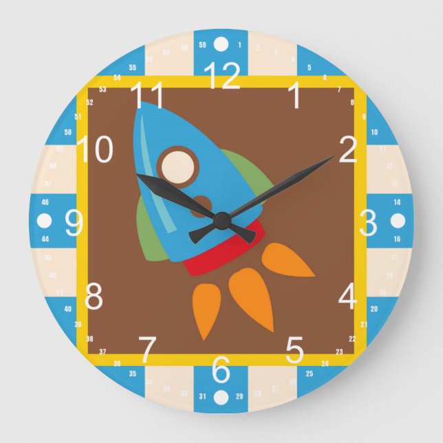 Cute Space Ship Rocket Outer Space Blue Kids Large Clock (Front)