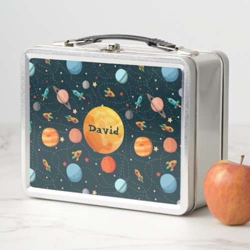 Cute Space Solar System Personalized Kids Name Metal Lunch Box
