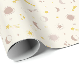 Cute Space Sun Moon and Stars on cream Wrapping Paper