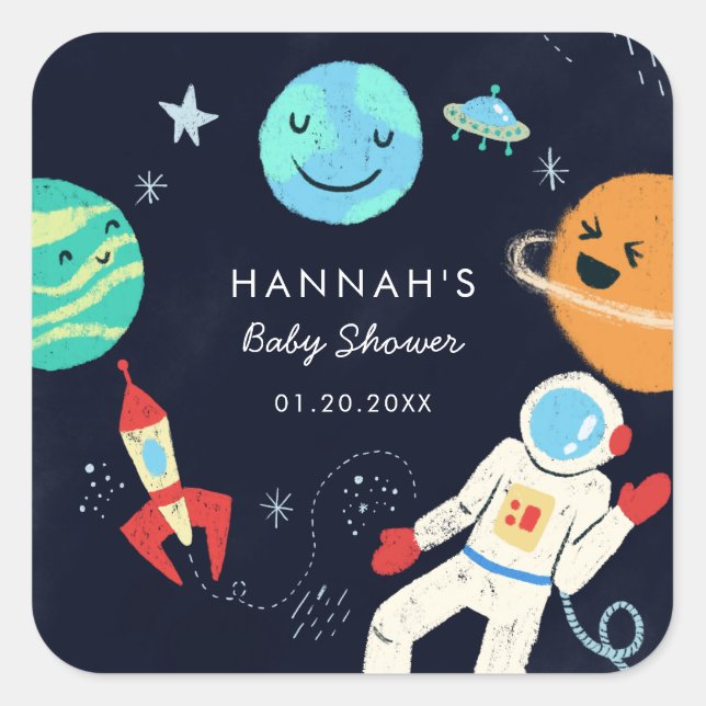 Cute Space Theme Boy Baby Shower Favor Square Sticker (Front)