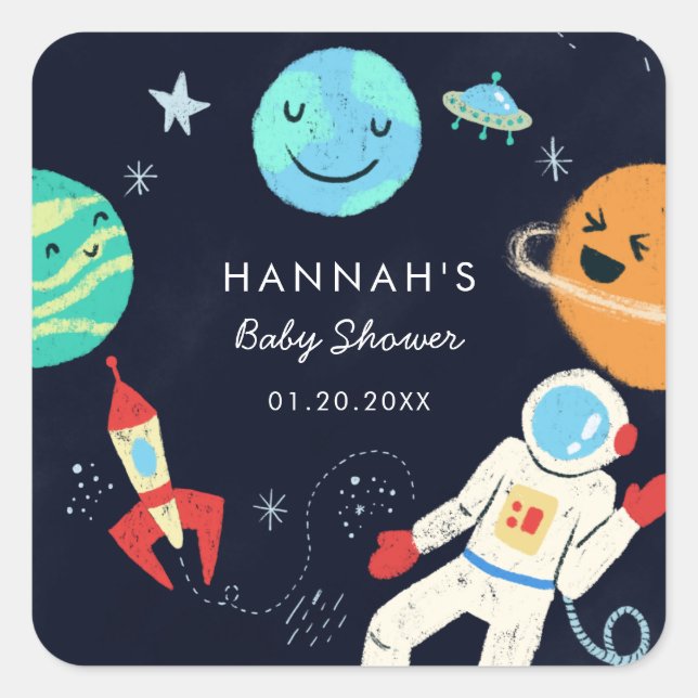 Cute Space Theme Boy Baby Shower Favor Square Sticker (Front)