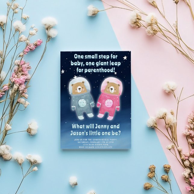 Cute Space-Themed Gender Reveal Astronaut Bears Invitation (Fun space astronaut bears one in pink, on in blue gender reveal invitation card)