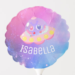 Cute Spaceship Birthday Girl Name Pink Blue Purple Balloon