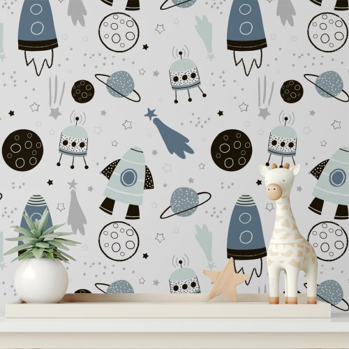 Cute Spaceships Rockets Planet Modern Kids Pattern Wallpaper