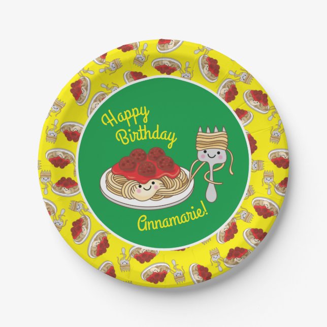Cute Spaghetti Kids Birthday Party Kawaii Paper Plates (Front)