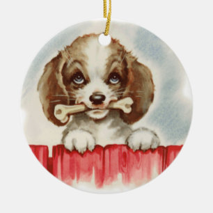 Cute Spaniel Puppy with Bone Ceramic Ornament