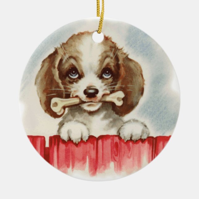 Cute Spaniel Puppy with Bone Ceramic Ornament (Front)