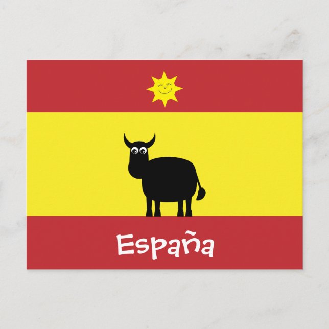 Cute Spanish Bull, Flag & Smiling Sun Postcard (Front)