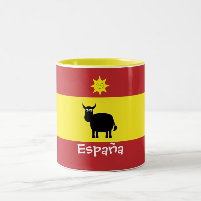 Cute Spanish Bull, Sun & Flag Two-Tone Coffee Mug (Center)