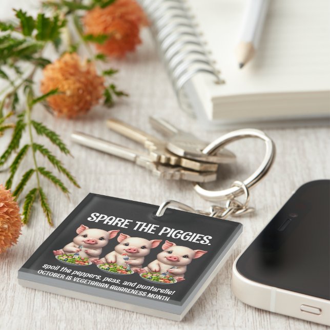 Cute Spare the Piggies Eating Salads Keychain (Front Right)