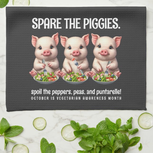 Cute Spare the Piggies Eating Salads Kitchen Towel (Folded)