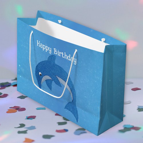 Cute Sparkle Blue White Jumping Dolphin Birthday Large Gift Bag