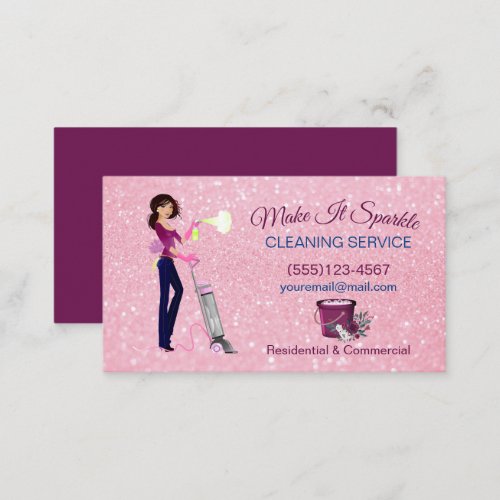 Cute Sparkle Cartoon Maid Cleaning Service Business Card