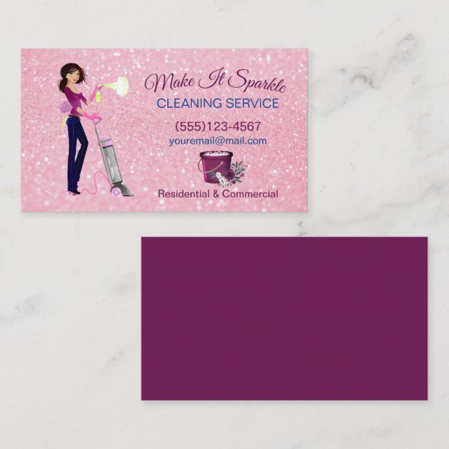 Cute Sparkle Cartoon Maid Cleaning Service Business Card (Front/Back)