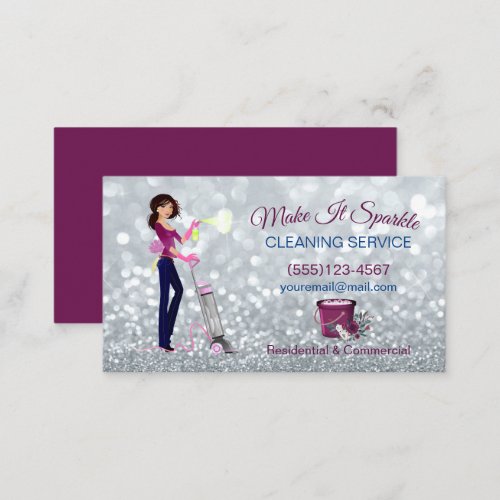 Cute Sparkle Cartoon Maid Cleaning Services Business Card