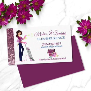 Cute Sparkle Cartoon Maid Cleaning Services  Business Card by tyraobryant at Zazzle