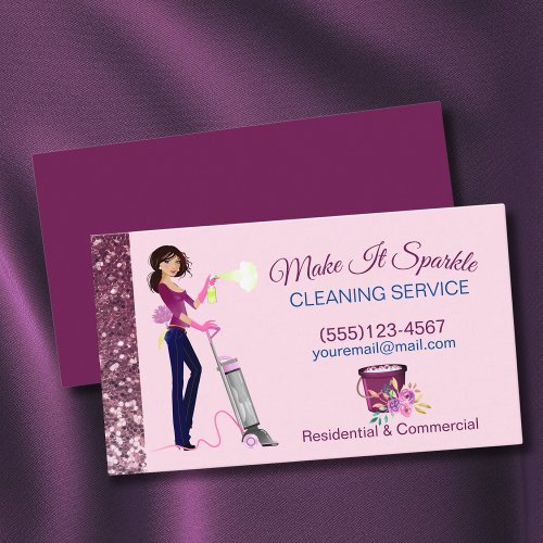 Cute Sparkle Cartoon Maid Cleaning Services Business Card