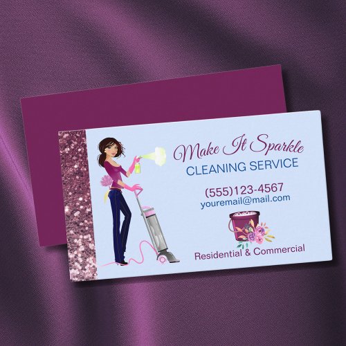 Cute Sparkle Cartoon Maid Cleaning Services Business Card