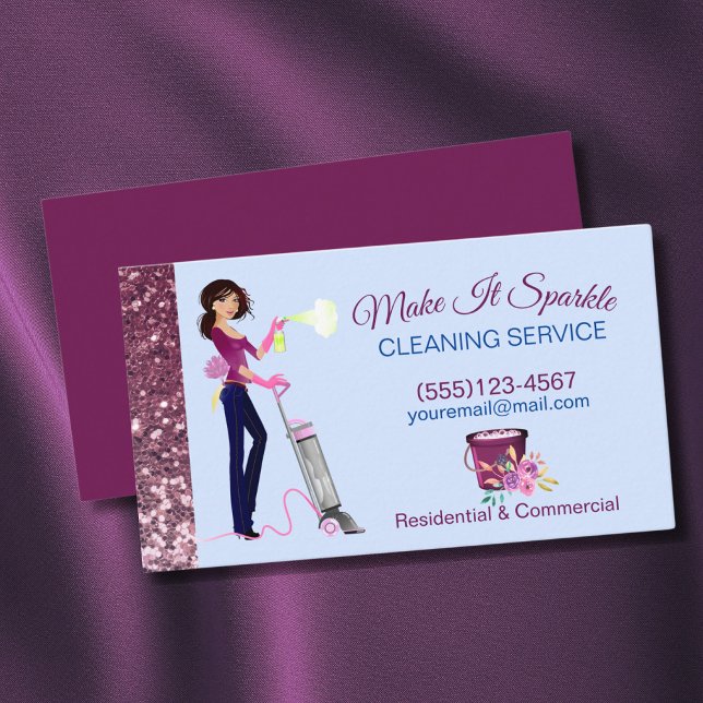 Cute Sparkle Cartoon Maid Cleaning Services Business Card (Creator Uploaded)