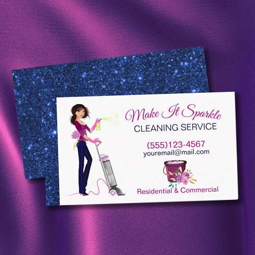 Cute Sparkle Cartoon Maid Cleaning Services Business Card