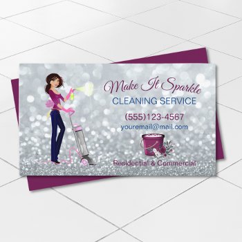 Cute Sparkle Cartoon Maid Cleaning Services Business Card by tyraobryant at Zazzle