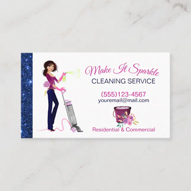 Cute Sparkle Cartoon Maid Cleaning Services Business Card | Zazzle