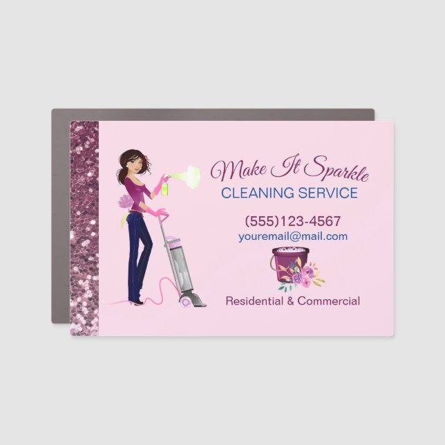 Cute Sparkle Cartoon Maid Cleaning Services Car Magnet (Front)