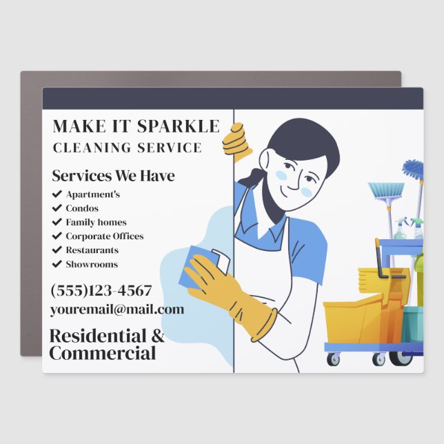 Cute Sparkle Cartoon Maid Cleaning Services Car Magnet (Front)