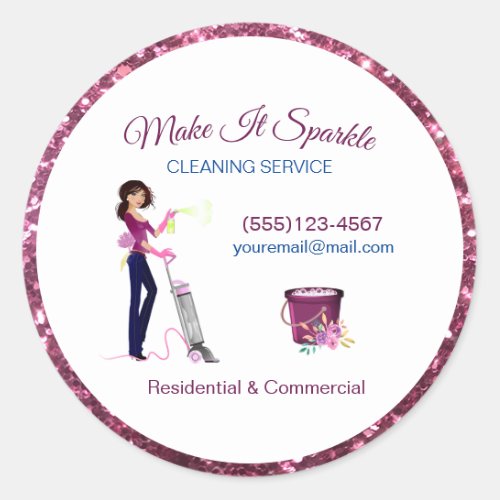 Cute Sparkle Cartoon Maid Cleaning Services Classic Round Sticker
