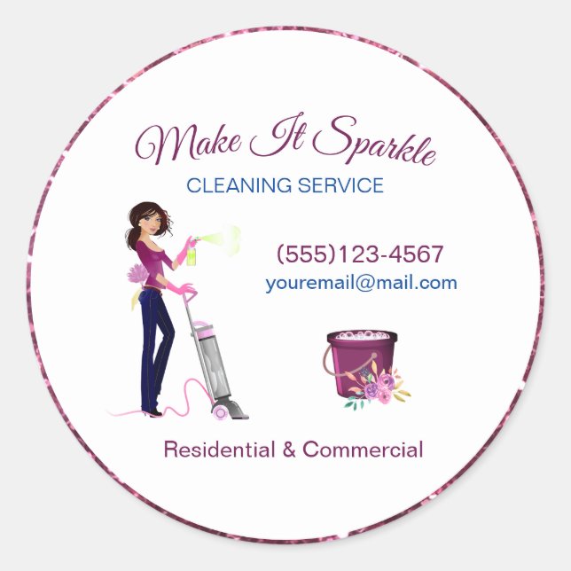 Cute Sparkle Cartoon Maid Cleaning Services Classic Round Sticker (Front)