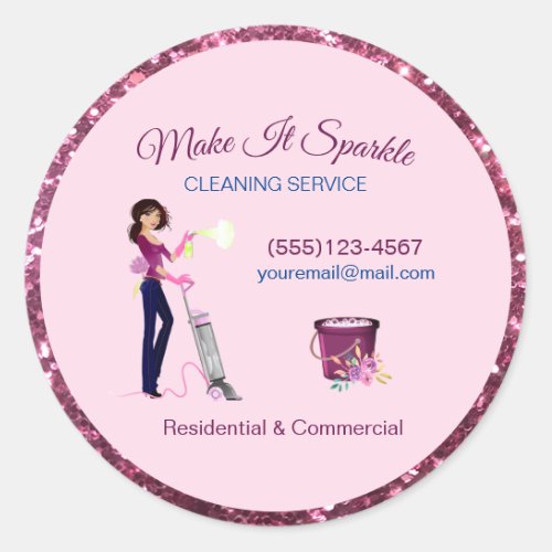 Cute Sparkle Cartoon Maid Cleaning Services Classic Round Sticker