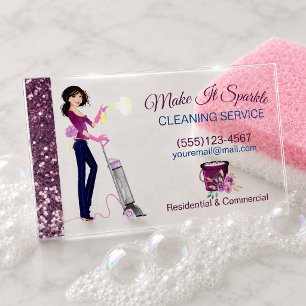 Cute Sparkle Cartoon Maid Cleaning Services Clear Business Cards