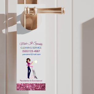 Cute Sparkle Cartoon Maid Cleaning Services Door Hanger
