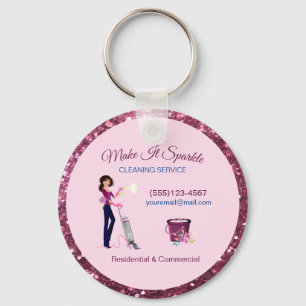Cute Sparkle Cartoon Maid Cleaning Services Keychain