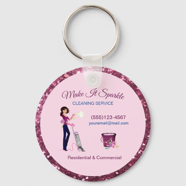 Cute Sparkle Cartoon Maid Cleaning Services Keychain (Front)