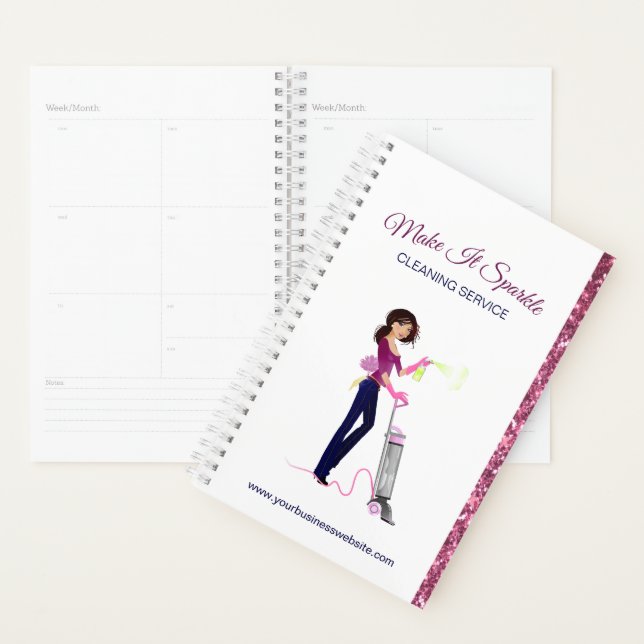 Cute Sparkle Cartoon Maid Cleaning Services Planner (Display)