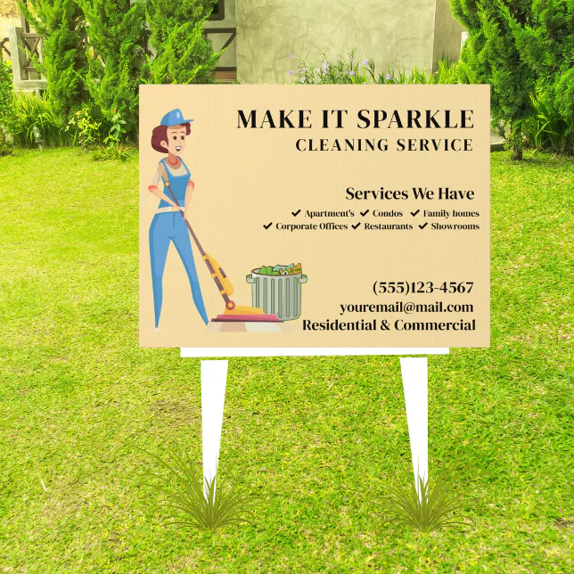 Cute Sparkle Cartoon Maid Cleaning Services Yard Sign | Zazzle