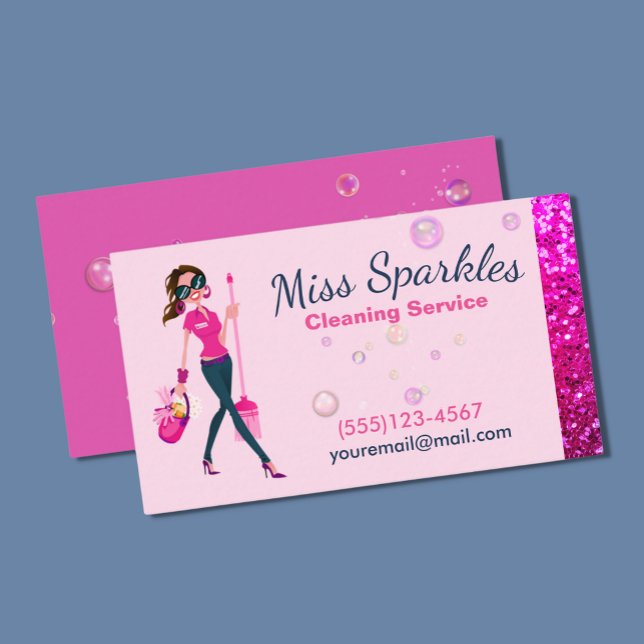 Cute Sparkle Cartoon Maid House Cleaning Service Business Card (Creator Uploaded)