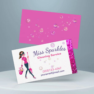 Cute Sparkle Cartoon Maid House Cleaning Service Business Card