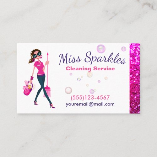 Cute Sparkle Cartoon Maid House Cleaning Service Business Card